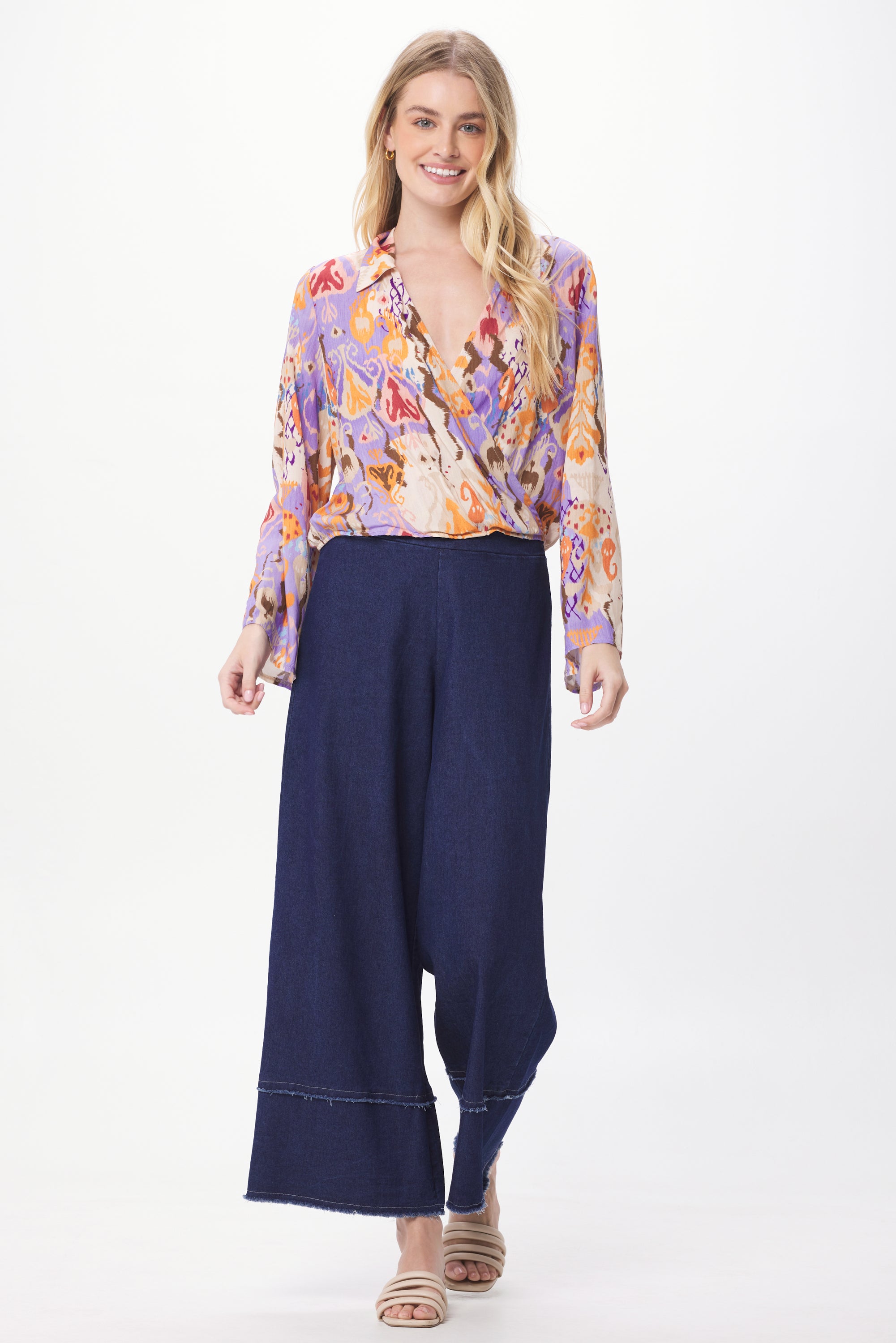 Stretch Denim Frayed Detail Palazzo Trousers