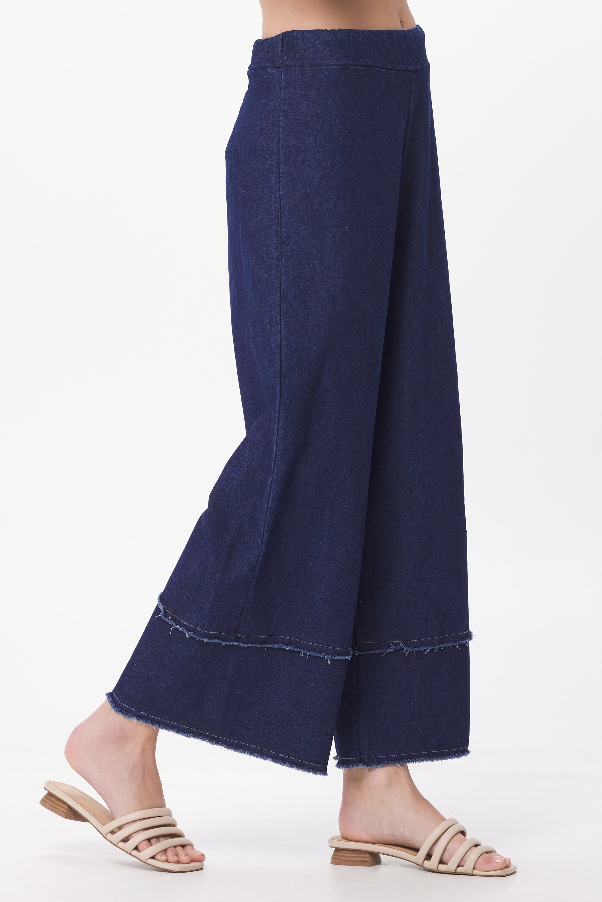 Stretch Denim Frayed Detail Palazzo Trousers