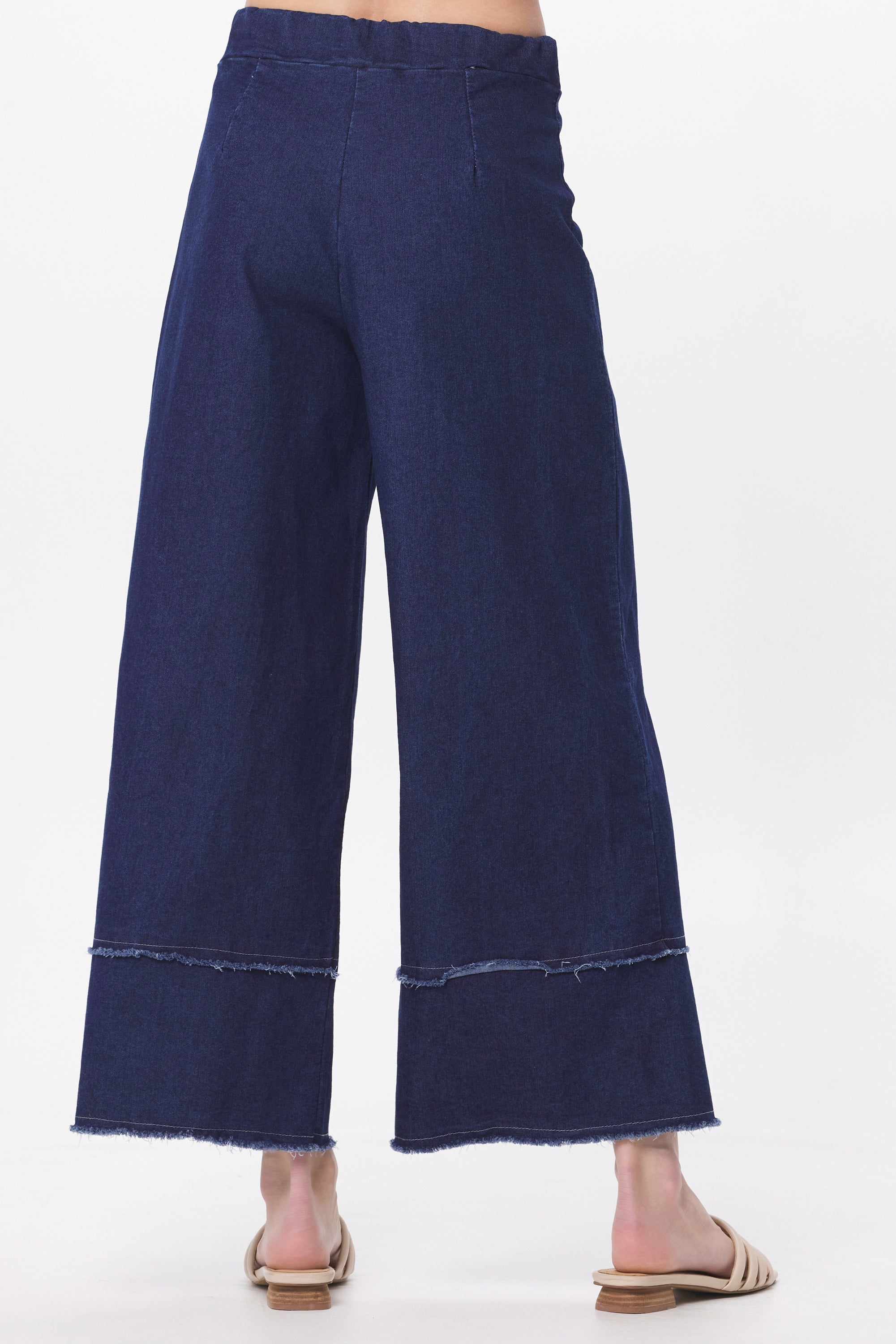 Stretch Denim Frayed Detail Palazzo Trousers