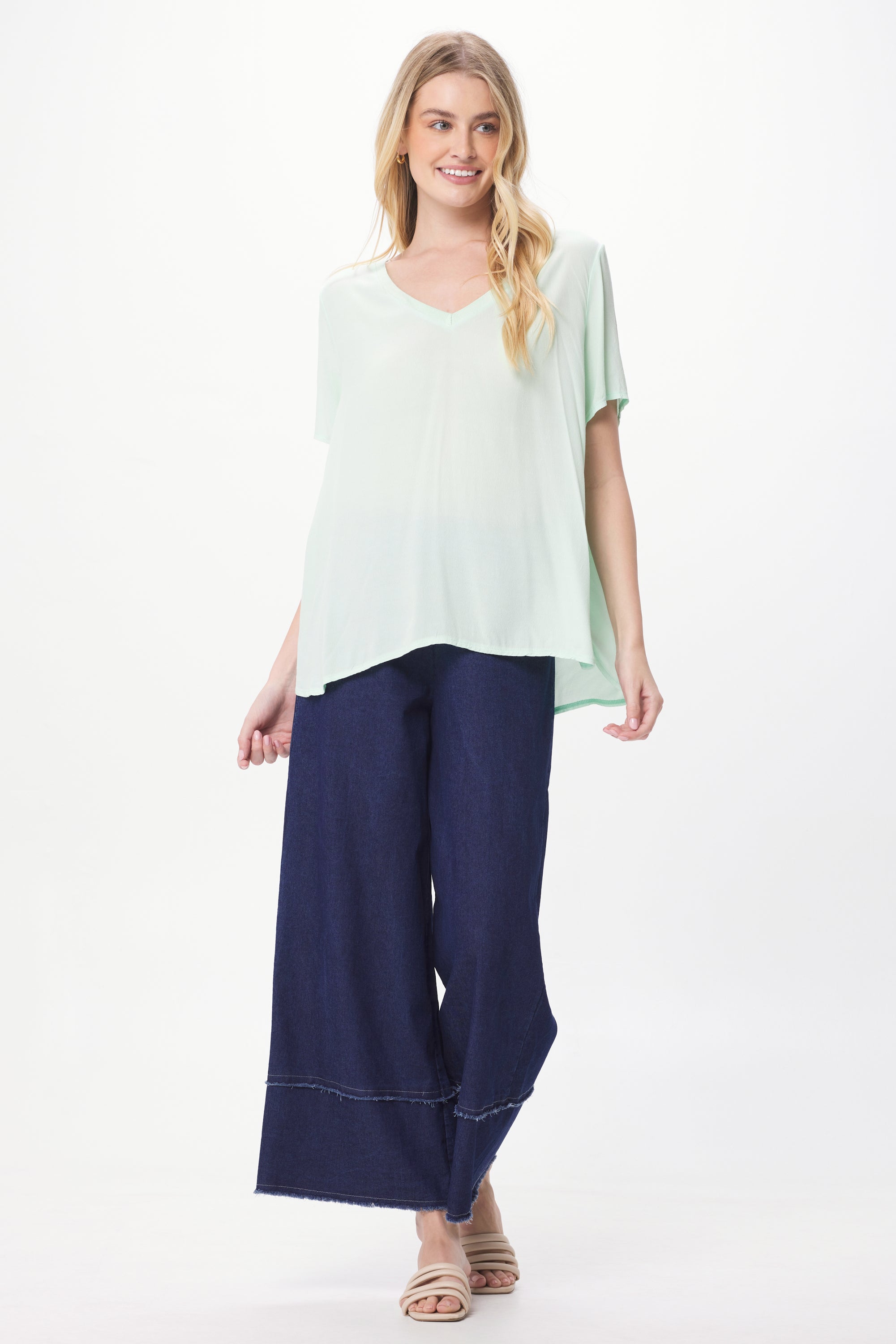 Stretch Denim Frayed Detail Palazzo Trousers