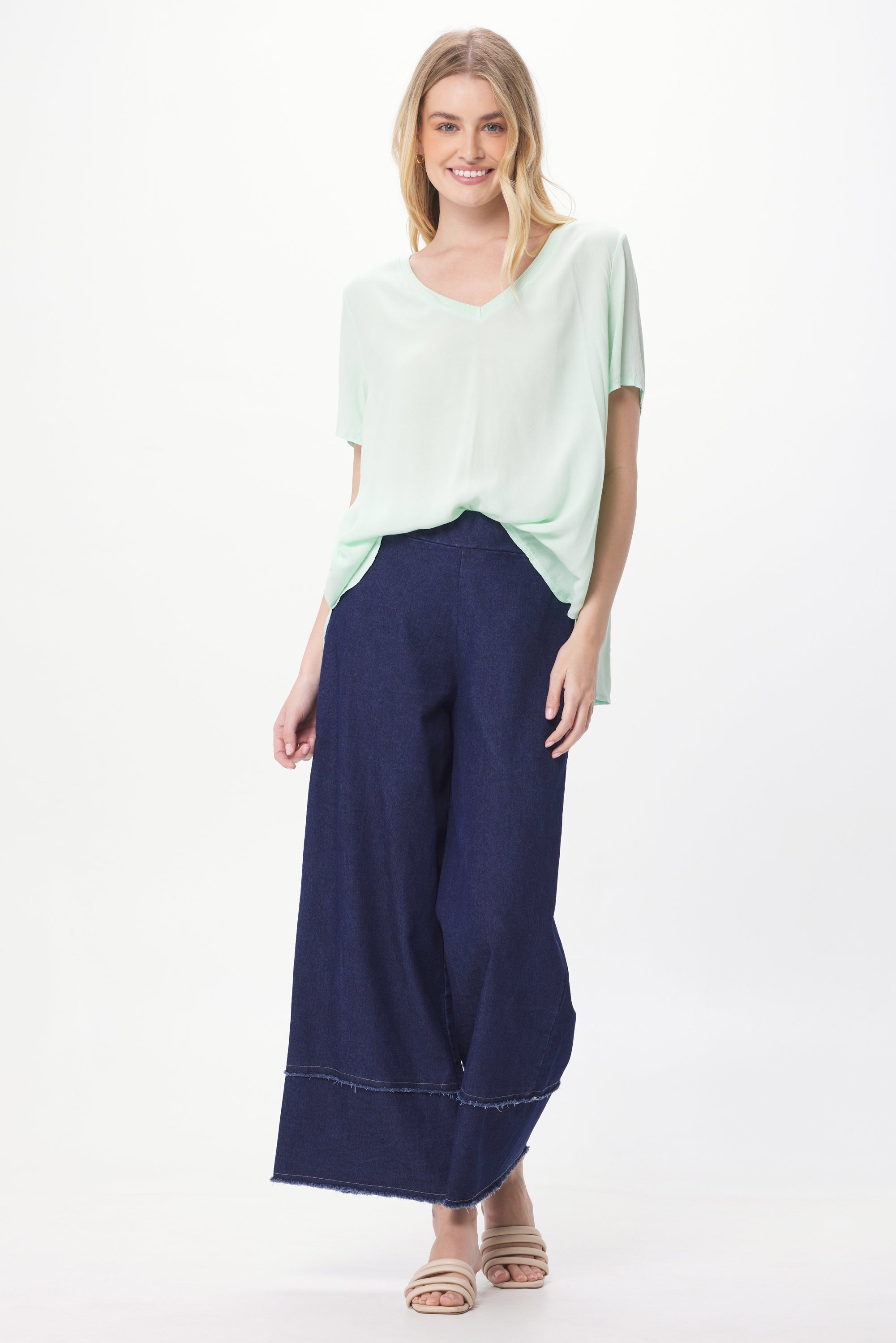 Stretch Denim Frayed Detail Palazzo Trousers