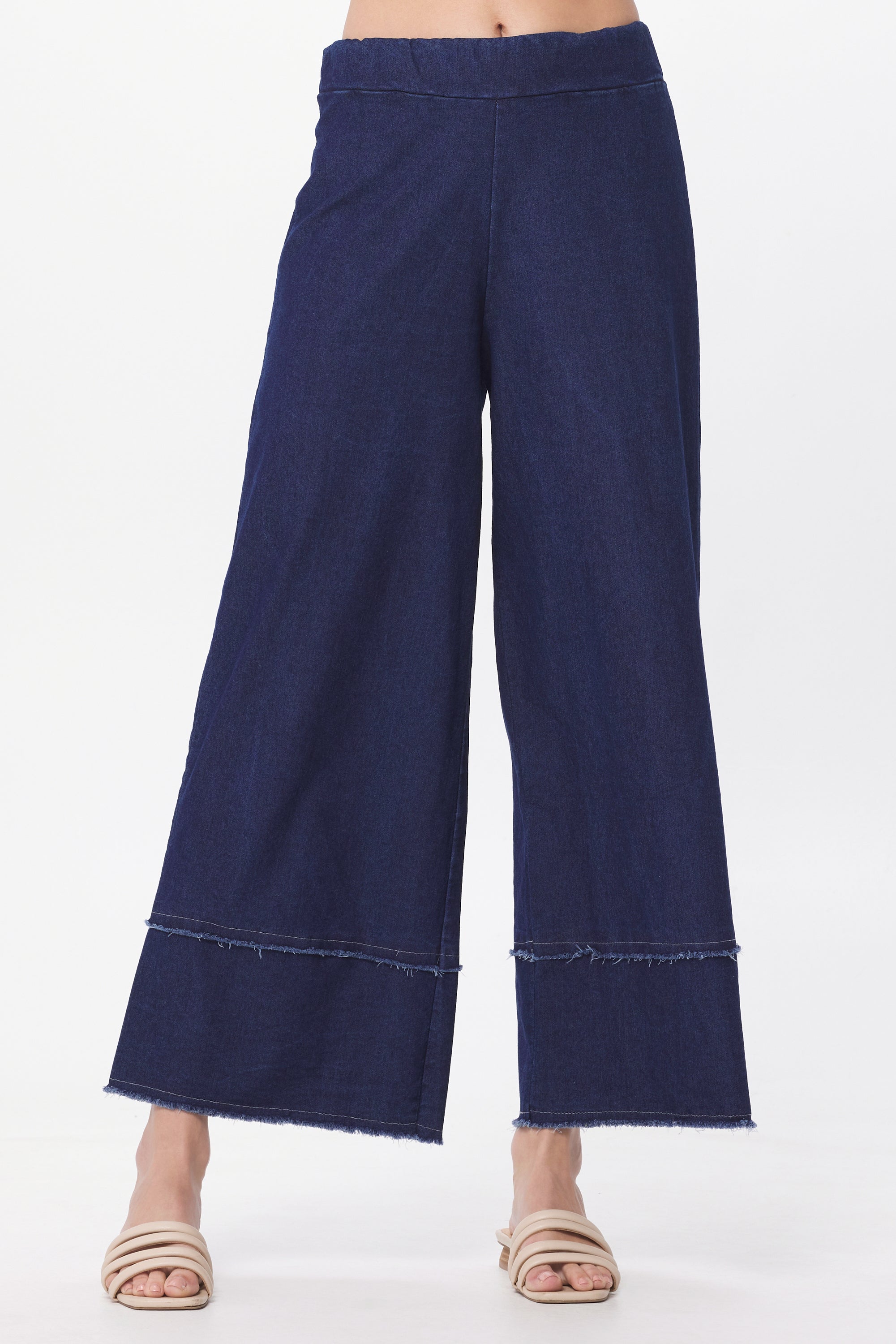 Stretch Denim Frayed Detail Palazzo Trousers