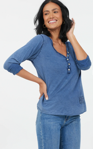 Long Sleeve Vintage Wash V-Neck Button Top