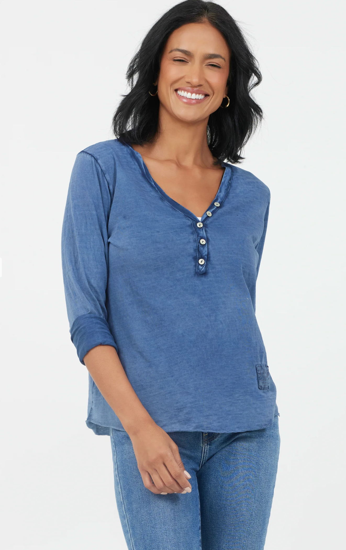 Long Sleeve Vintage Wash V-Neck Button Top