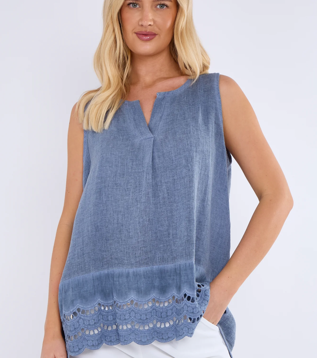 Washed  Linen Lace Detail Top