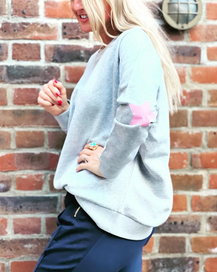 Organic Cotton Sweatshirt - Marl Grey with Soft Pink Star Elbow