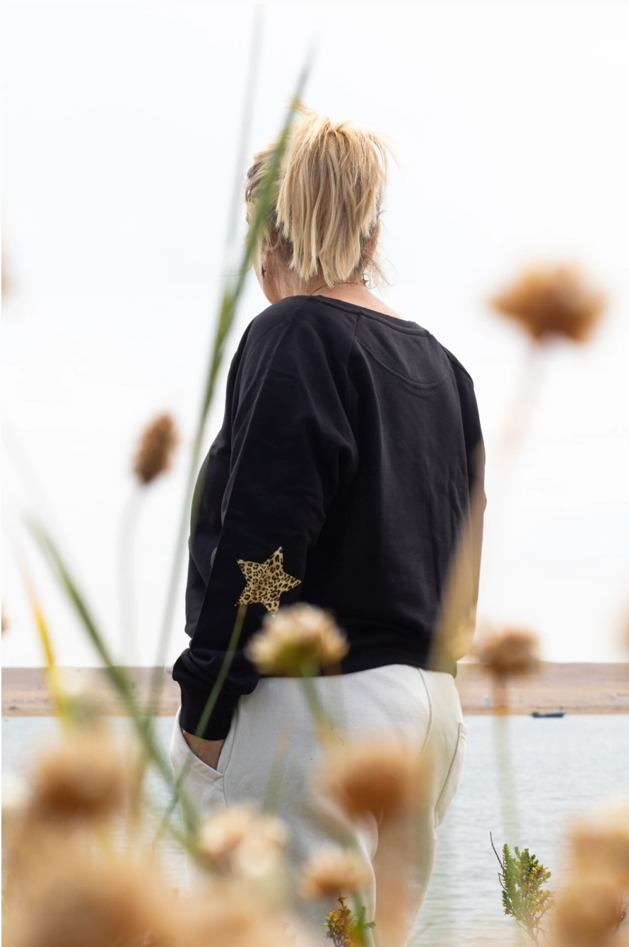 Organic Cotton Sweatshirt - Black with Leopard Print Star Elbow